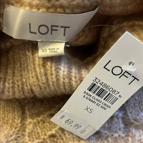 LOFT NWT Heather Tan Cream Beige Cable Fringe Mock Neck Sweater. - Picture 3 of 6